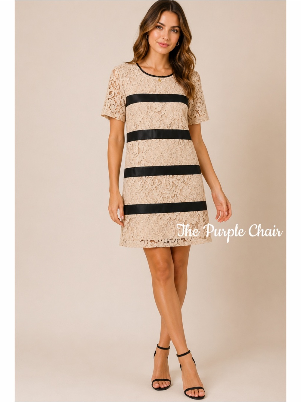 NWT Short Sleeve Lace Striped Shift Dress 0